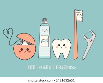 Personajes de dibujos animados de productos de cuidado dental sonrientes. Cartel con cepillo de dientes, tubo de pasta de dientes, hilo dental, diente. Higiene bucal, cuidado, concepto de odontología ilustración vectorial plana