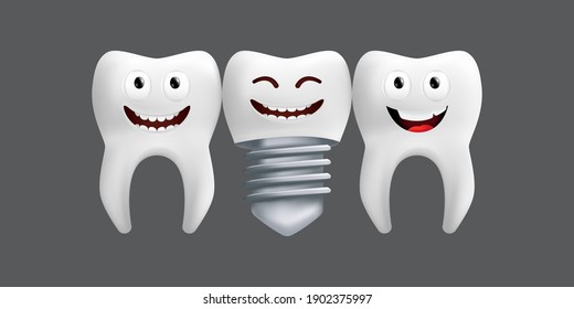 Smiling teeth with metal implant. Cute character with facial expression. Funny icon for children's design. 3d realistic vector illustration of a dental ceramic model isolated on a grey background