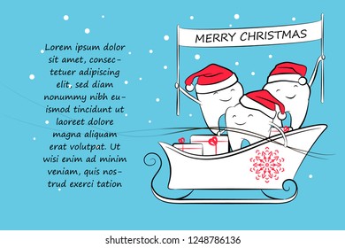 Smiling teeth in a Santa Claus hat with a banner in his hands, in a sleigh with gifts. Holiday greeting design element with place for text. Happy New Year and Merry Christmas.