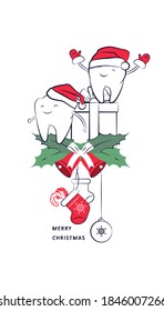 A smiling teeth in a Santa Claus hat with gift on mistletoe with bells, Christmas sock, and candy. Winter holiday symbol, new year card, design element for greetings or invitations.