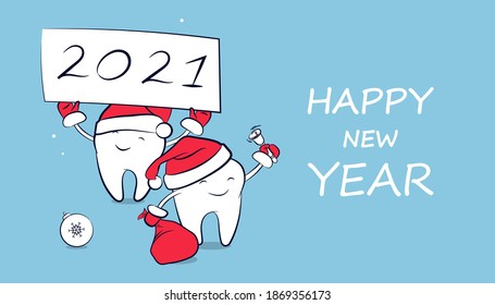 Smiling teeth in a Santa Claus hat with a bag with presents, bell, and banner with the text "2021". Winter holiday symbol,  greeting card. A poster of New Year and Christmas greeting for dentistry.