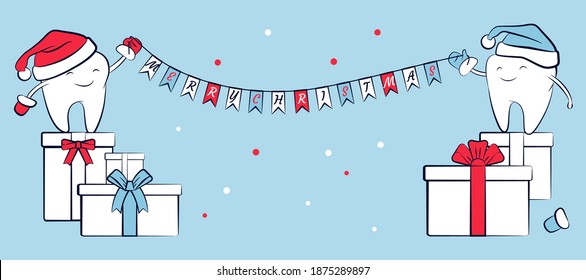 Lächelnde Zähne in einem Weihnachtsmütze mit Geschenken und Garland mit dem Text "Frohe Weihnachten". Winterurlaubssymbol, Grußkarte. Ein Poster aus Neujahr und Weihnachten Gruß für Zahnmedizin.