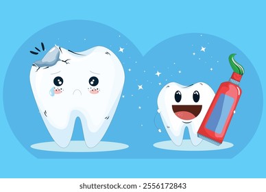 A smiling teeth with a tooth pest with a depressed broken teeth vector. Cute tooth characters. Dental personage vector illustration.