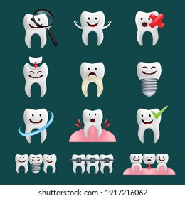 Smiling teeth vector set with different elements. Cute character with facial expression. Funny icons for children's design. 3d realistic vector illustration of emotional dental ceramic models