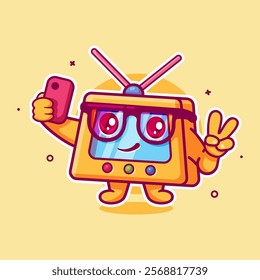 smiling television character mascot taking a selfie with a smartphone isolated cartoon