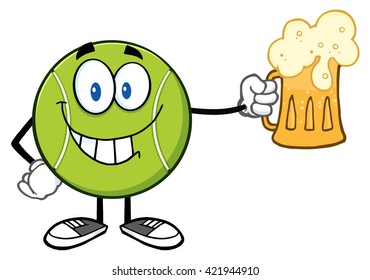 Smiling Tennis Ball Cartoon Character Holding A Beer. Vector Illustration Isolated On White