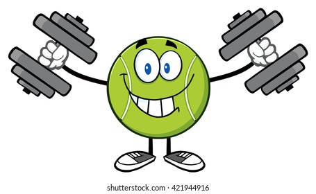 Smiling Tennis Ball Cartoon Mascot Character Working Out With Dumbbells. Vector Illustration Isolated On White