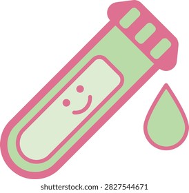 A smiling test tube with a drop of liquid, symbolizing happy science and medical concepts