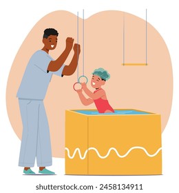 Smiling Therapist Character Encourages Happy Young Girl As she Practices Balance And Coordination In A Hydrotherapy Pool, Using Effective Aquatic Techniques To Assist The Child Rehabilitation, Vector