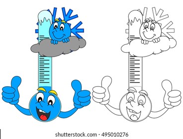 Smiling thermometer snowflake like coloring books for small children - vector