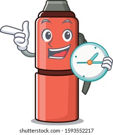 smiling thermos bottle Scroll cartoon character style with clock