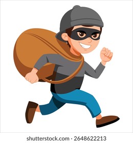 Ladrão sorridente correndo com vetor de saco. Personagem ladrão brincalhão no estilo de desenho animado moderno.