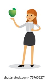 Smiling thin girl with apple,isolated on white background,health food concept,cartoon vector illustration