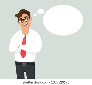 Smiling thoughtful young business man is thinking and looking up. Blank/empty thought bubble. Human emotion, facial expression, feeling concept illustration in vector cartoon style. Modern lifestyle.