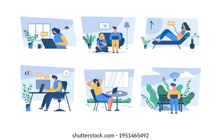 Smiling thoughtful young men and women working and relax at home. Vector Illustration