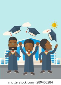 Smiling three men throwing graduation cap in the air. A Contemporary style with pastel palette, soft blue tinted background with desaturated clouds. Vector flat design illustration. Vertical layout