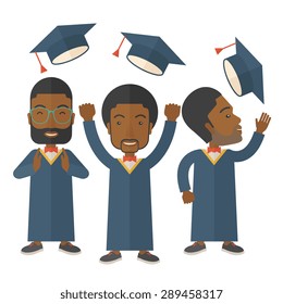 Smiling three men throwing graduation cap in the air. A Contemporary style. Vector flat design illustration isolated white background. Square layout