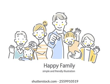 Smiling three-generation family: simple and stylish line drawing illustration