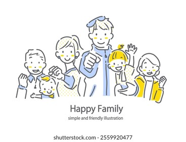 Smiling three-generation family: simple and stylish line drawing illustration