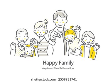 Smiling three-generation family: simple and stylish line drawing illustration