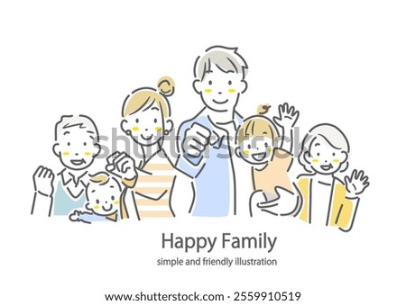 Smiling three-generation family: simple and stylish line drawing illustration