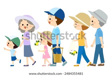 Smiling three-generation family visiting a grave