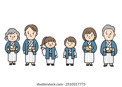 A smiling three-generation family wearing yukatas and going to a hot spring.