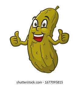 Smiling Thumbs Up Green Pickle Cucumber Cartoon Character Vector illustration isolated on White