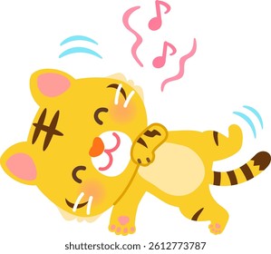 Smiling tiger character lying on his back