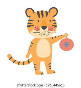 Smiling tiger with christmas ball, symbol of 2022 year. New year mascot. Cute vetor flat animal character, isolated on a white background