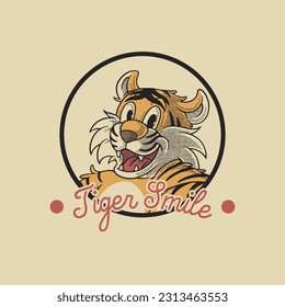 smiling tiger head retro cartoon emblem