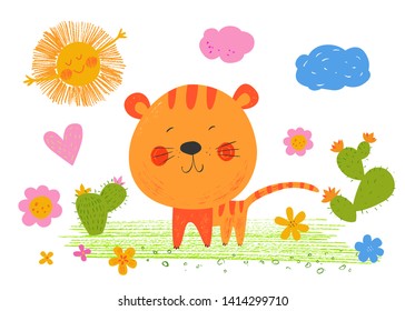 Smiling tiger near the palm tree. Cute African animal. Vector sunny background. Hand drawn illustration. Chalk and pencil brush texture. Funny character for kids.