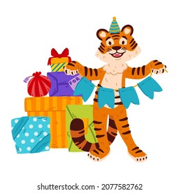 Smiling tiger with party hat, festive garland flags, presents. Chinese zodiac animal. Symbol of the new year 2022, 2034. Vector illustration isolated on white background.