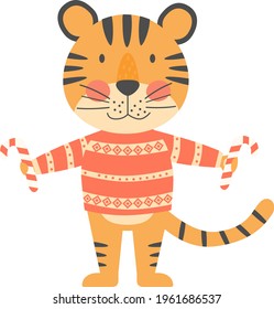 Smiling tiger in red sweater with two candy, symbol of 2022 year. New year mascot. Cute vetor flat animal character, isolated on white background