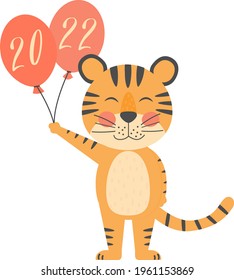 Smiling tiger with two red balloons, symbol of 2022 year. New year mascot. Cute vetor flat animal character, isolated on white background