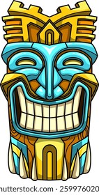 Smiling Tiki Mask with Castle Elements and Tribal Carvings. Hawaiian Polynesian Totem Art. Vector Hand Drawn Illustration Isolated On Transparent Background