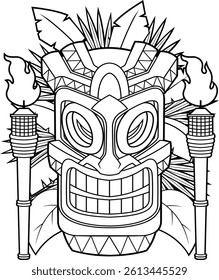 Smiling Tiki Mask Coloring Page With Torches And Leaves - Vector Hand Drawn Illustration Isolated On Transparent Background