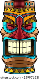Smiling Tiki Mask with Intricate Carvings and Tribal Details. Hawaiian Polynesian Totem Art. Vector Hand Drawn Illustration Isolated On Transparent Background