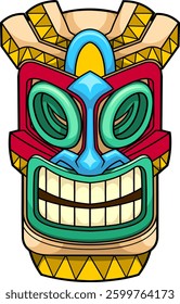 Smiling Tiki Mask with Ornamental Carvings and Vibrant Colors. Hawaiian Polynesian Totem Art. Vector Hand Drawn Illustration Isolated On Transparent Background
