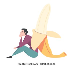 Smiling Tiny Man Sitting Leaned Against Banana Fruit Vector Illustration