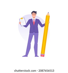 Smiling tiny man in suit tie holding pencil and clipboard with to do list checkmark vector flat illustration. Happy business male reminder control deadline paper document tasks completed memo message