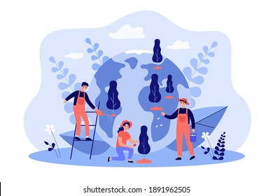 Pequeñas personas sonrientes cultivando árboles juntos, ilustración vectorial plana. Personajes de dibujos animados plantando bosques para la ecología y la protección del planeta. Concepto de reforestación y medio ambiente