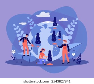 Smiling tiny people growing trees together flat vector illustration. Cartoon characters planting forest for ecology and planet protection. Reforestation and environment concept
