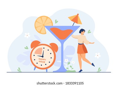 Smiling tiny woman drinking alcohol in happy hours flat vector illustration. Cartoon promotion for refreshment beverages in restaurant, pub and bar. Special discount and entertainment concept