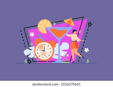 Smiling tiny woman drinking alcohol in happy hours flat vector illustration. Cartoon promotion for refreshment beverages in restaurant, pub and bar. Special discount and entertainment concept