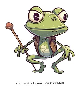 Smiling toad mascot sitting with magic wand icon isolated