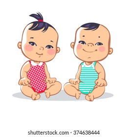 Smiling toddler boy and girl sitting. Portrait of happy smiling kids. Asian children. Colorful vector illustration on white background