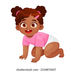 Smiling toddler girl and girl sitting. Portrait of happy smiling kids. cute little baby girl in diaper. African american children. Colorful vector illustration on white background

