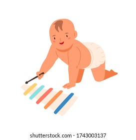 Smiling toddler playing on wooden xylophone vector flat illustration. Cute little child in diaper enjoying sound of toy musical instrument isolated on white background. Joyful baby having fun