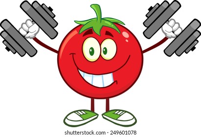 Smiling Tomato Cartoon Mascot Character Training With Dumbbells. Vector Illustration Isolated On White